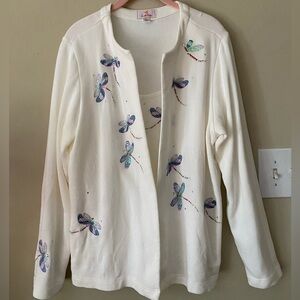 Quacker Factory One Piece Tank and White Cardigan with Dragonfly Embroidery L